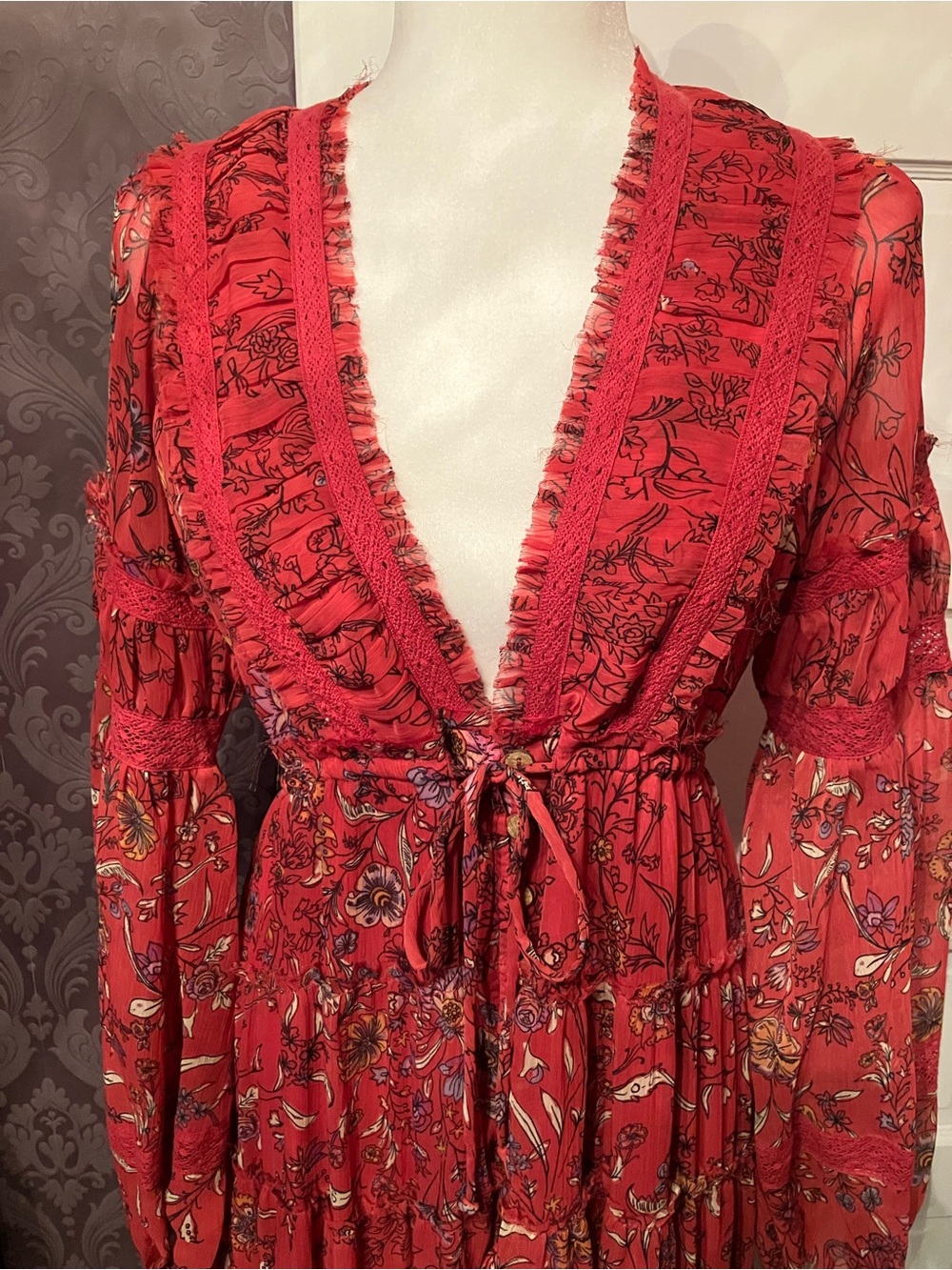 NWT Free People “Cassis” Boho Red Floral Tiered Maxi Dress with Tie Waist - Picture 3 of 14